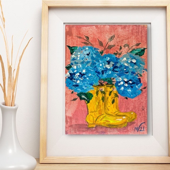 Rain Boot Painting Hydrangea Original Art Canvas Floral Artwork - Picture 4 of 10